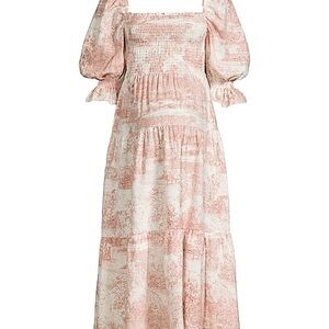 Pink and Orange Puff Sleeve Sundress with Square Neck